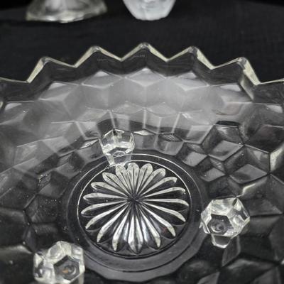 Assorted glassware - Anchor Hocking Moments serving platter - Fostoria American Clear Glass 3-Footed Bon Bon Dish and more