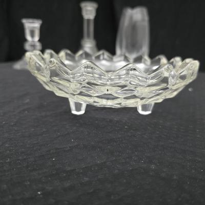 Assorted glassware - Anchor Hocking Moments serving platter - Fostoria American Clear Glass 3-Footed Bon Bon Dish and more