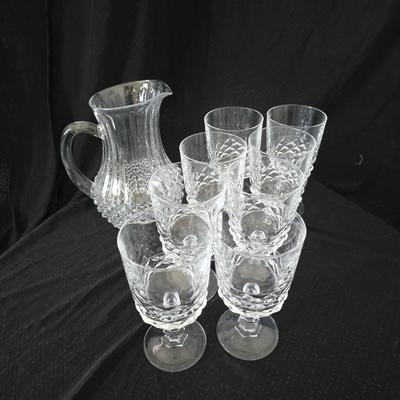 Vintage Cristal d'Arques J.G. Durand Longchamp lead crystal pitcher with 8 wine glasses