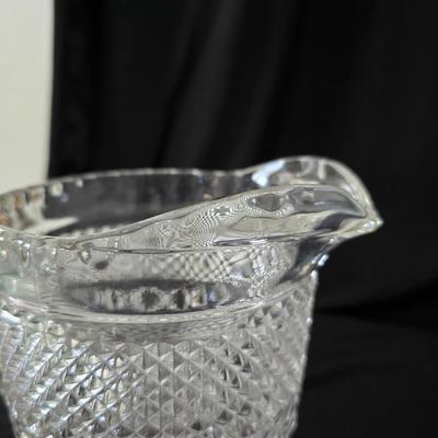 vintage Anchor Hocking Wexford clear glass pitcher and drinking glasses set, featuring the "Diamond Point" pattern.