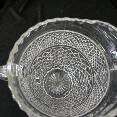 vintage Anchor Hocking Wexford clear glass pitcher and drinking glasses set, featuring the "Diamond Point" pattern.