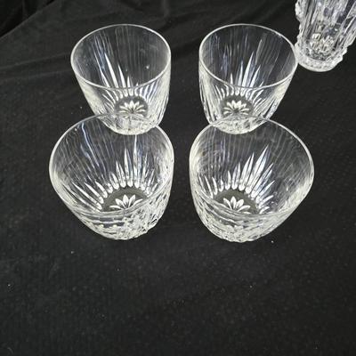 vintage Anchor Hocking Wexford clear glass pitcher and drinking glasses set, featuring the "Diamond Point" pattern.