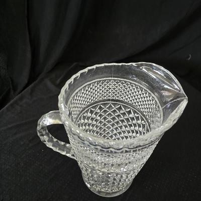 vintage Anchor Hocking Wexford clear glass pitcher and drinking glasses set, featuring the "Diamond Point" pattern.