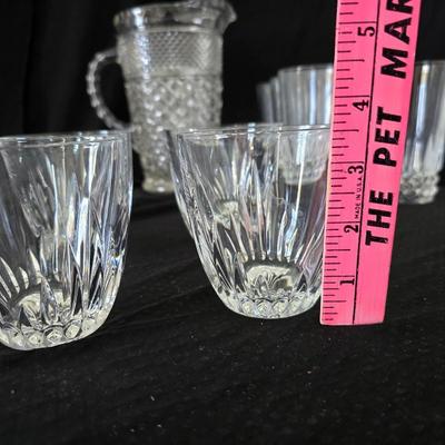 vintage Anchor Hocking Wexford clear glass pitcher and drinking glasses set, featuring the "Diamond Point" pattern.