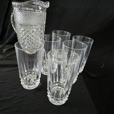 vintage Anchor Hocking Wexford clear glass pitcher and drinking glasses set, featuring the "Diamond Point" pattern.