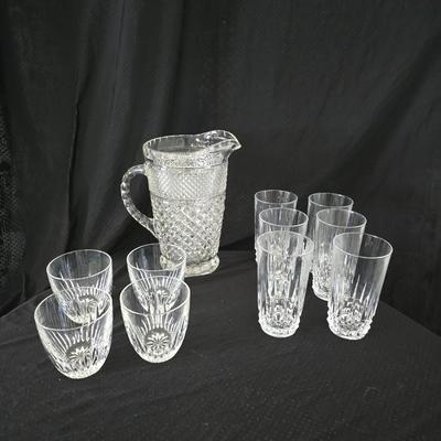 vintage Anchor Hocking Wexford clear glass pitcher and drinking glasses set, featuring the "Diamond Point" pattern.