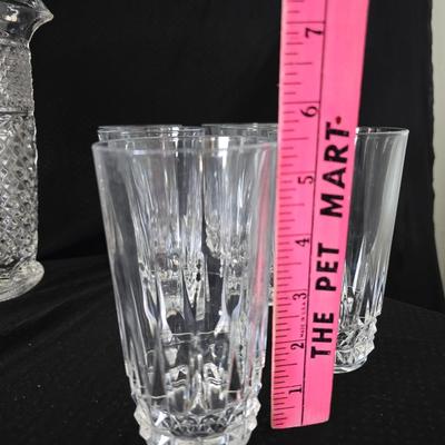 vintage Anchor Hocking Wexford clear glass pitcher and drinking glasses set, featuring the "Diamond Point" pattern.