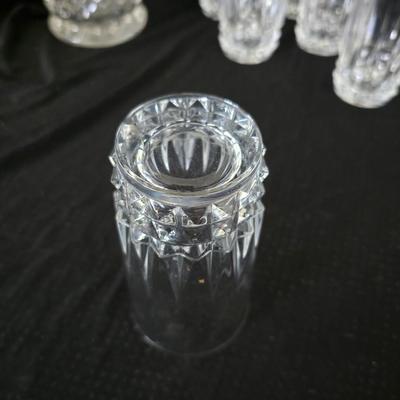 vintage Anchor Hocking Wexford clear glass pitcher and drinking glasses set, featuring the "Diamond Point" pattern.