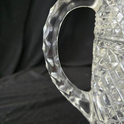 vintage Anchor Hocking Wexford clear glass pitcher and drinking glasses set, featuring the "Diamond Point" pattern.