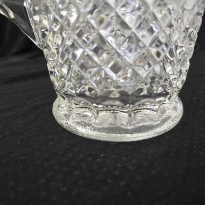 vintage Anchor Hocking Wexford clear glass pitcher and drinking glasses set, featuring the "Diamond Point" pattern.