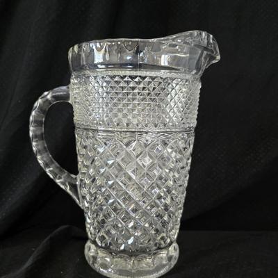 vintage Anchor Hocking Wexford clear glass pitcher and drinking glasses set, featuring the "Diamond Point" pattern.