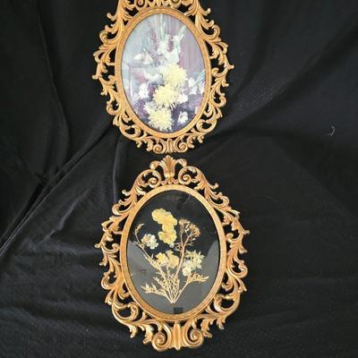 Antique Victorian Era Bronze Brass Gilt Scroll Convex glass - Floral art & dried flowers Hollywood Regency Italian Florentine