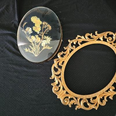 Antique Victorian Era Bronze Brass Gilt Scroll Convex glass - Floral art & dried flowers Hollywood Regency Italian Florentine