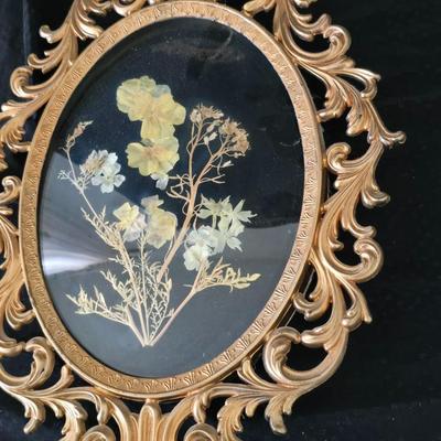Antique Victorian Era Bronze Brass Gilt Scroll Convex glass - Floral art & dried flowers Hollywood Regency Italian Florentine