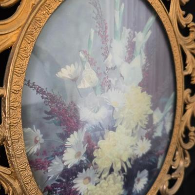 Antique Victorian Era Bronze Brass Gilt Scroll Convex glass - Floral art & dried flowers Hollywood Regency Italian Florentine