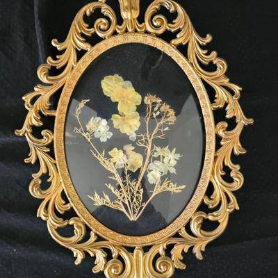 Antique Victorian Era Bronze Brass Gilt Scroll Convex glass - Floral art & dried flowers Hollywood Regency Italian Florentine