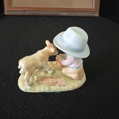 2001 Suanne Wamsley framed & signed calf artwork and 1982 Enesco "Kolby" porcelain figure