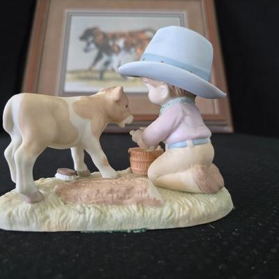 2001 Suanne Wamsley framed & signed calf artwork and 1982 Enesco "Kolby" porcelain figure
