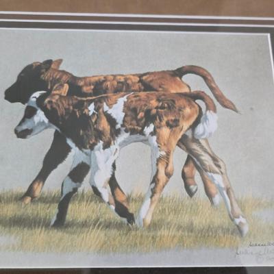 2001 Suanne Wamsley framed & signed calf artwork and 1982 Enesco "Kolby" porcelain figure