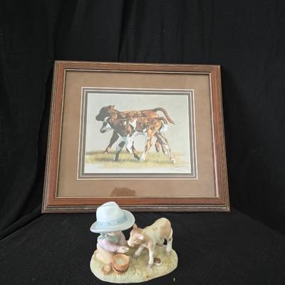2001 Suanne Wamsley framed & signed calf artwork and 1982 Enesco "Kolby" porcelain figure
