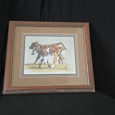 2001 Suanne Wamsley framed & signed calf artwork and 1982 Enesco "Kolby" porcelain figure