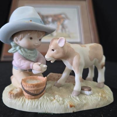 2001 Suanne Wamsley framed & signed calf artwork and 1982 Enesco "Kolby" porcelain figure