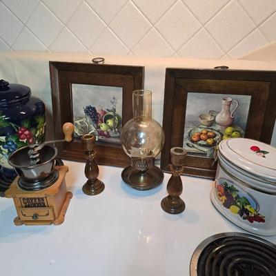 Country Kitchen Home decor - Framed artworks - canister - Wooden candle sticks - Coffee grinder and more