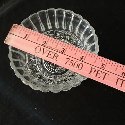 Assortment of glassware - Etched Daffodil Vase, Bowls, candy dish, Candle stick holders