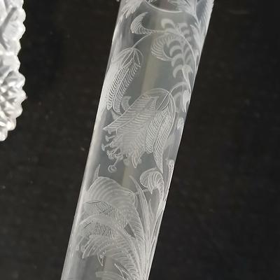 Assortment of glassware - Etched Daffodil Vase, Bowls, candy dish, Candle stick holders