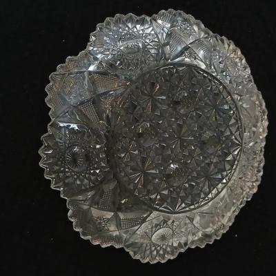 Assortment of glassware - Etched Daffodil Vase, Bowls, candy dish, Candle stick holders