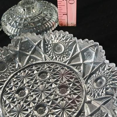 Assortment of glassware - Etched Daffodil Vase, Bowls, candy dish, Candle stick holders