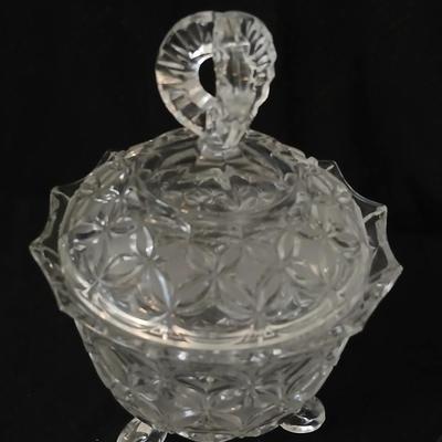 Assortment of glassware - Etched Daffodil Vase, Bowls, candy dish, Candle stick holders