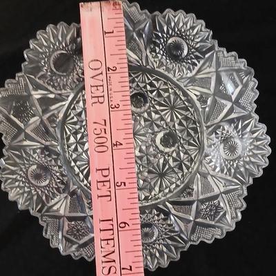 Assortment of glassware - Etched Daffodil Vase, Bowls, candy dish, Candle stick holders