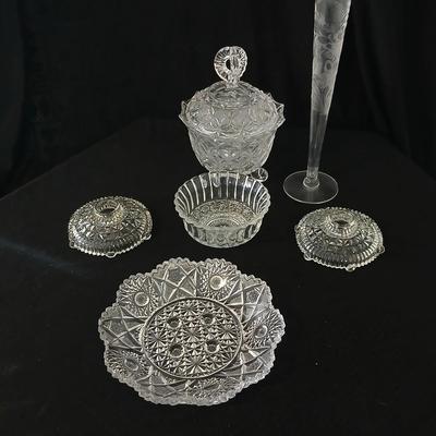 Assortment of glassware - Etched Daffodil Vase, Bowls, candy dish, Candle stick holders