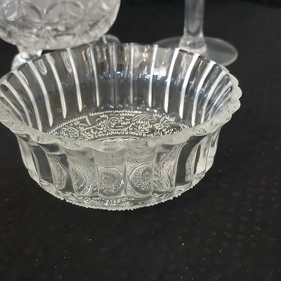 Assortment of glassware - Etched Daffodil Vase, Bowls, candy dish, Candle stick holders