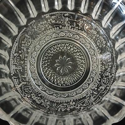 Assortment of glassware - Etched Daffodil Vase, Bowls, candy dish, Candle stick holders