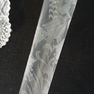 Assortment of glassware - Etched Daffodil Vase, Bowls, candy dish, Candle stick holders