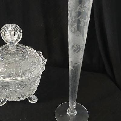Assortment of glassware - Etched Daffodil Vase, Bowls, candy dish, Candle stick holders