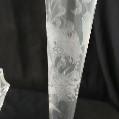 Assortment of glassware - Etched Daffodil Vase, Bowls, candy dish, Candle stick holders