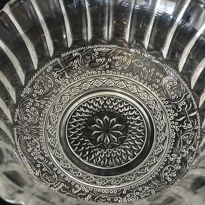 Assortment of glassware - Etched Daffodil Vase, Bowls, candy dish, Candle stick holders