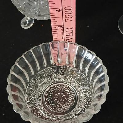 Assortment of glassware - Etched Daffodil Vase, Bowls, candy dish, Candle stick holders