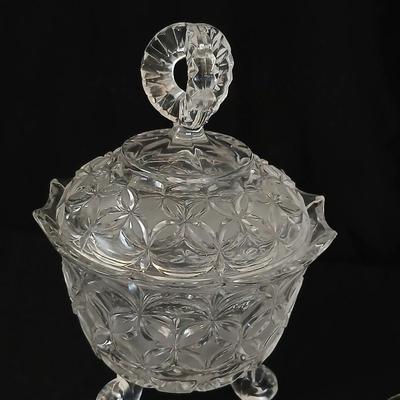 Assortment of glassware - Etched Daffodil Vase, Bowls, candy dish, Candle stick holders