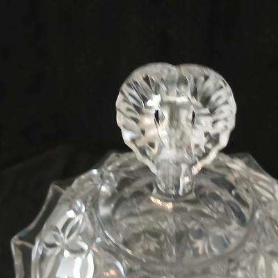 Assortment of glassware - Etched Daffodil Vase, Bowls, candy dish, Candle stick holders