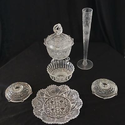 Assortment of glassware - Etched Daffodil Vase, Bowls, candy dish, Candle stick holders