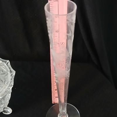 Assortment of glassware - Etched Daffodil Vase, Bowls, candy dish, Candle stick holders