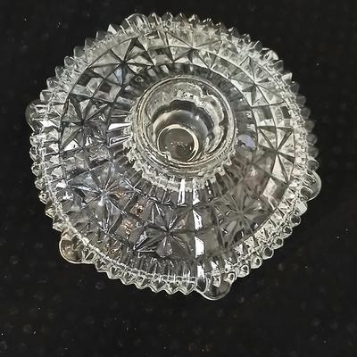 Assortment of glassware - Etched Daffodil Vase, Bowls, candy dish, Candle stick holders