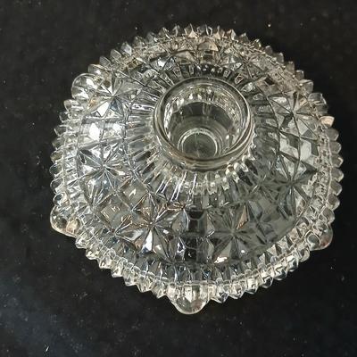 Assortment of glassware - Etched Daffodil Vase, Bowls, candy dish, Candle stick holders