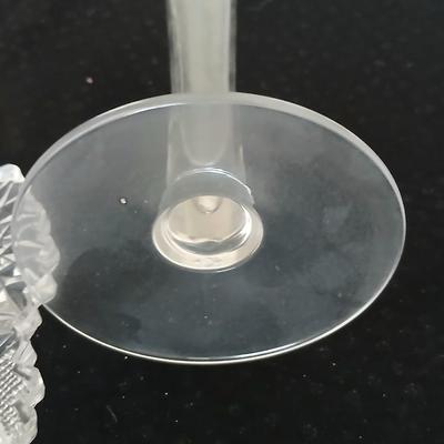 Assortment of glassware - Etched Daffodil Vase, Bowls, candy dish, Candle stick holders