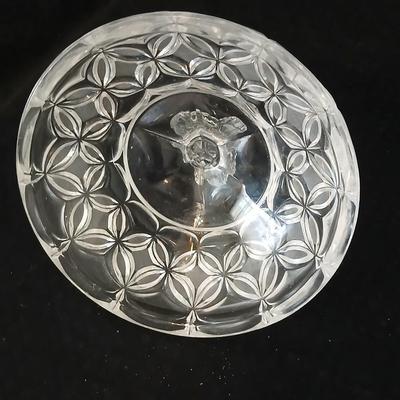 Assortment of glassware - Etched Daffodil Vase, Bowls, candy dish, Candle stick holders