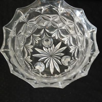 Assortment of glassware - Etched Daffodil Vase, Bowls, candy dish, Candle stick holders